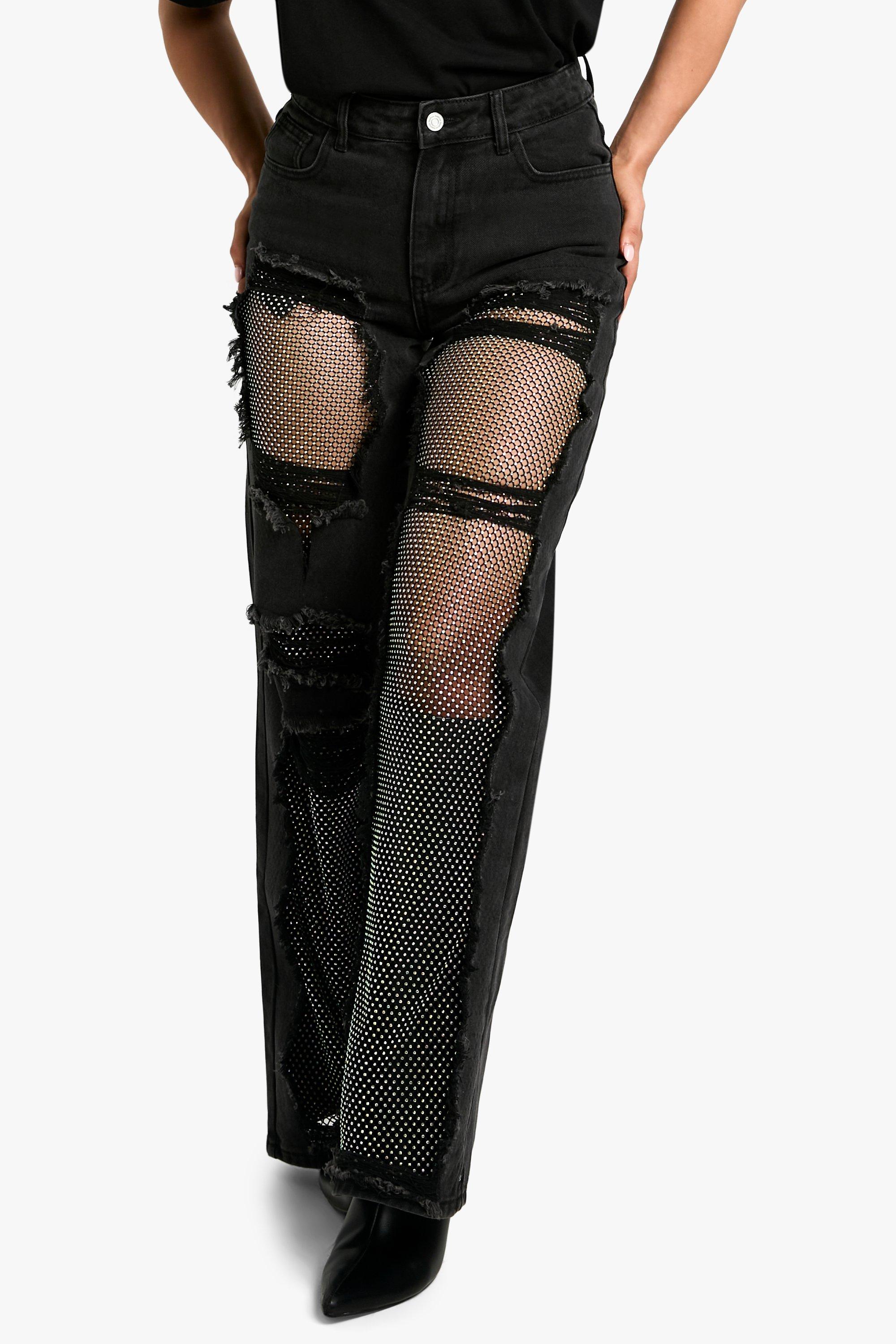 Diamante Mesh Straight Leg Jeans boohoo